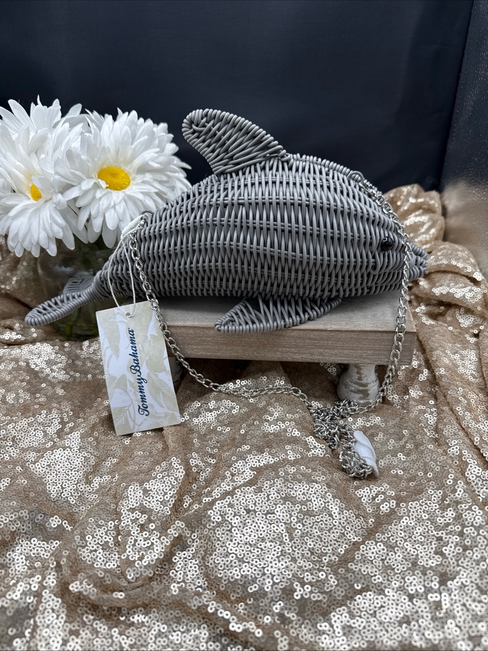 Tommy Bahama Gray Wicker Dolphin Shoulder Bag